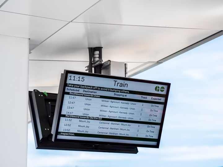 Digital schedule displays on the rail platform