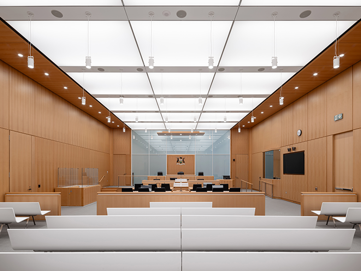 Courtroom furnished with beechwood benches