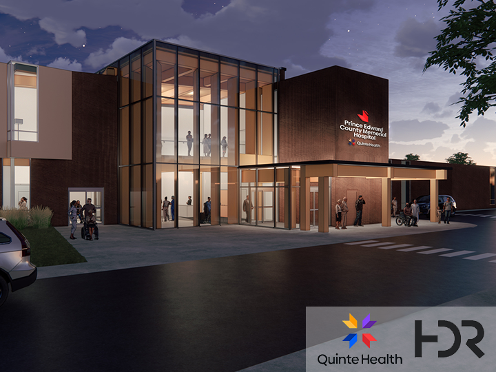 Night time exterior rendering of Prince Edward County Memorial Hospital