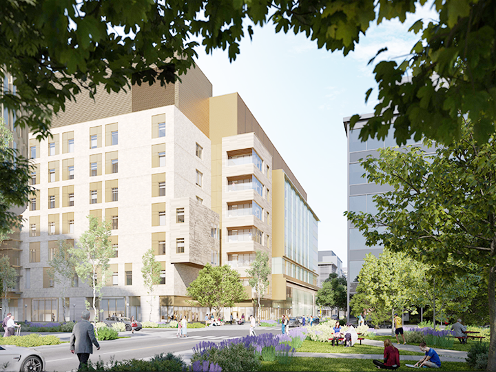 Rendering art of the exterior of CAMH Phase 1D building with side parkette view